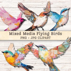Mixed Media Flying Birds Clipart Grunge Texture Distressed PNG + JPG Instant Download Art Painterly Collage Junk Journal Digital Supply