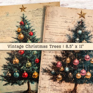 Vintage Weihnachtsbäume Clipart, digitales Papier, Mixed Media Ornamente Antik Sofort-Download, Baum Hintergrund Collage Junk Journal Versorgung
