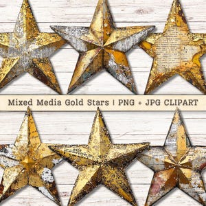 Mixed media gouden sterren clipart, vintage kerstcollage, scrapbooking junk journaling, papier ambachten, kerstkaarten maken, png-download