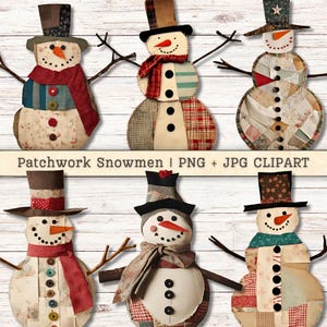 Świąteczne bałwanki z patchworku Clip Art, Vintage Winter, Pobieranie cyfrowe, Kolaż w stylu shabby chic, Scrapbooking, Dziennik śmieci, Natychmiastowe drukowanie