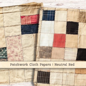 Patchwork Cloth Digital Paper, Sewn Thread Mixed Media, Neutral Red Printable Vintage Junk Journal Background, Scrapbook Instant Download TN
