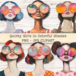 May include: Watercolor illustrations of six women wearing large, round, colorful glasses. Each woman has a unique hairstyle and is depicted from the shoulders up. The text "Quirky Girls in Colorful Glasses PNG + JPG CLIPART" is displayed across the image.