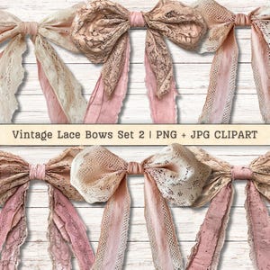 May include: Two sets of vintage lace bows with pink and cream colored ribbons. The bows are tied in a simple knot and the ribbons are frayed at the edges.