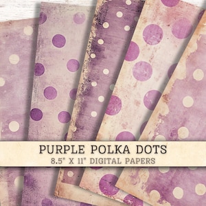 May include: A collection of digital papers featuring purple polka dots on a distressed, textured background. The sheets measure 8.5 inches by 11 inches. A horizontal banner across the center displays the text PURPLE POLKA DOTS 8.5" X 11" DIGITAL PAPERS.
