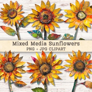 Pode incluir: Uma coleção de girassóis de técnica mista com pétalas amarelas, laranjas e castanhas. Os girassóis têm centros e caules texturizados, com folhas verdes e coloridas. A imagem inclui o texto "Mixed Media Sunflowers PNG + JPG Clipart."