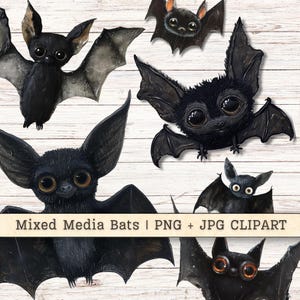 May include: Five black bats with large eyes and wings, painted in a mixed media style. The bats are on a white wood background. The text "Mixed Media Bats | PNG + JPG CLIPART" is at the bottom of the image.