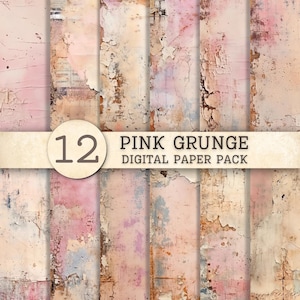 May include: A digital paper pack featuring 12 sheets with pink grunge textures, distressed paint, and weathered surfaces. A central horizontal band displays the text 12 PINK GRUNGE DIGITAL PAPER PACK over the vertical panels of varied patterns.