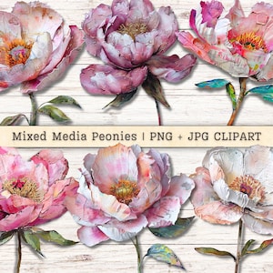 Imágenes prediseñadas de flores de peonías en técnica mixta, textura grunge desgastada PNG + JPG, descarga instantánea, estilo collage pintado, revista basura, suministro digital