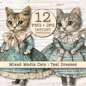 Mixed Media Baroque Cats Clipart, Grunge Texture Distressed PNG + JPG Instant Download, Teal Baby Blue Collage Junk Journal Digital Supplies