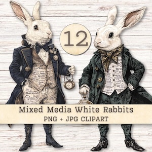 May include: Two anthropomorphic white rabbits dressed in Victorian-style clothing. The left rabbit wears a dark blue coat and vest with text, holding a pocket watch. The right rabbit wears a dark green coat and patterned vest. Text reads 12, Mixed Media White Rabbits, PNG + JPG CLIPART.
