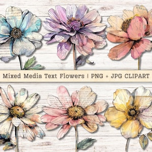 Mixed media bloemen clipart, tekst aquarel grunge noodlijdende png + jpg instant downloads, inkt collage stijl ongewenste dagboek digitale benodigdheden