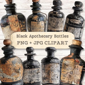 Clipart de botellas de boticario con técnica mixta, descargas de Halloween negro, medicina antigua grunge, collage de scrapbooking, diario basura, manualidades con papel