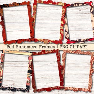 Molduras de efêmeras vermelhas Clipart, PNG Imagem digital Downloads instantâneos, Texto vintage antigo, Colagem chique e surrada, Scrapbooking, Junk Journaling