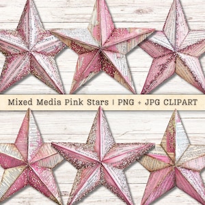 Mixed media roze sterren clipart, vintage glitter shabby chic collages, scrapbook junk journaling papier, instant digitale download, png + jpeg