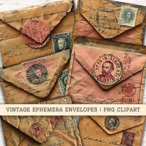 Vintage Ephemera Umschläge PNG Clipart, digitaler Download Junk Journal Lieferungen, Collage Hintergründe, Scrapbook, Grunge altes Journaling