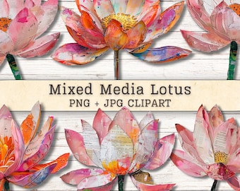 Clipart di fiori di loto in tecnica mista, texture grunge effetto invecchiato PNG + JPG, download immediato, stile collage dipinto, materiale digitale per junk journal