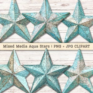 Mixed Media Aqua Sterne Clipart, Vintage Glitter Shabby Chic Collage, Scrapbook Junk Journal Papierhandwerk, Sofortiger digitaler Download PNG + JPEG