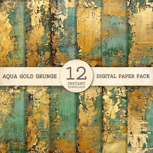 Shabby grunge digitaal papier, afdrukbaar collage plakboek textuur papierpakket, aqua goud gemengde media kunst, achtergrond, ongewenste tijdschriftlevering jpeg