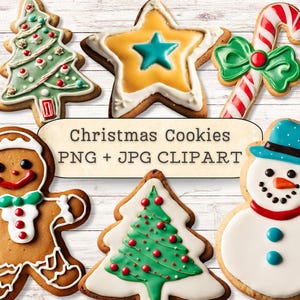 May include: Assortment of Christmas cookies decorated with icing and sprinkles. The cookies are shaped like a gingerbread man, a star, a Christmas tree, a candy cane, and a snowman. The cookies are on a white wooden background.