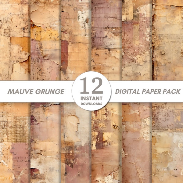 Shabby Grunge Digital Paper, Printable Collage Scrapbook Texture Paper Pack, Mauve, Purple, Gold, Rust, Mixed Media Art, Background, Journal