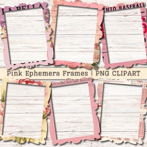 Roze kortstondige frames clipart, digitale PNG-afbeelding direct downloaden, antieke vintage tekst, shabby chic collage, scrapbooking, junkjournaling