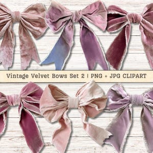 Clipart di fiocchi di velluto vintage, set di 2 PNG da scaricare digitalmente, collage di ritagli antichi per scrapbooking, diario di scarti, immagine stampabile per lavori di carta