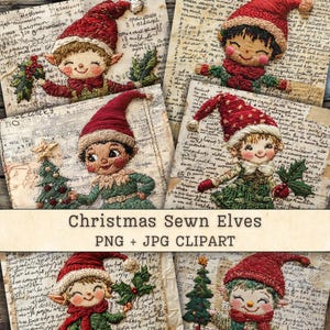 Christmas Ephemera Elves Clipart, Sewn Folk Art Embroidery Digital Download, Vintage Text Junk Journal Supplies, Collage Backgrounds