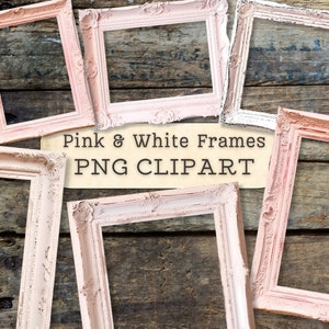 Cadres roses et blancs Clip Art, téléchargements d'images numériques PNG, peinture à la craie, vintage antique, collage shabby chic, scrapbooking, journal indésirable