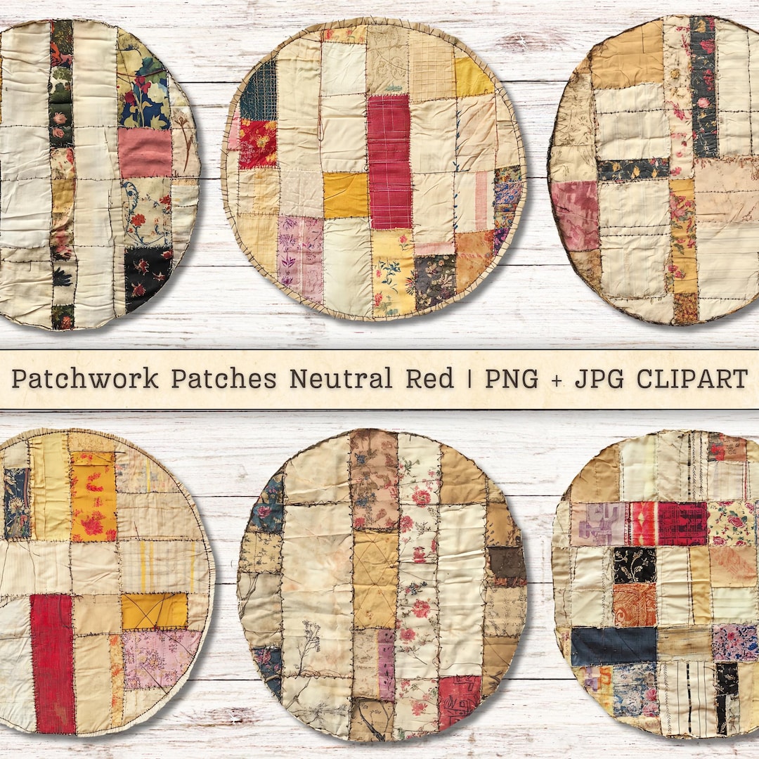 Patchwork Patches Clipart, Folk Art Neutral Red Sewn PNG Digital ...