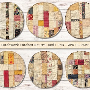 Könnte beinhalten: Sechs runde Patchwork-Stoffdesigns mit neutralem Hintergrund und roten Akzenten. Der Stoff ist eine Mischung aus verschiedenen Mustern und Texturen. Patchwork Patches Neutral Red | PNG + JPG CLIPART