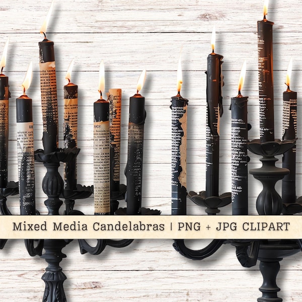 Mixed Media Candelabras Clipart, Halloween Text Distressed PNG + JPG Instant Download, Vintage Magical Collage Junk Journal Digital Supply