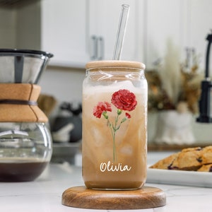 Personalized 16oz Tumbler Bridesmaid Gift Glass Cup Straw Bamboo Lid Birth Month Flower Cup Gift Custom Coffee Cup Personalized Gift for Her