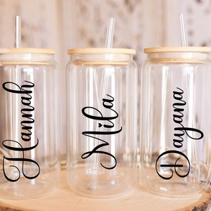 Personalized Iced Coffee Cup, 16oz Glass Cup, Custom Beer Can Glass with Lid and Straw, Bridesmaid Gift, Bridesmaid Proposal, gift for women