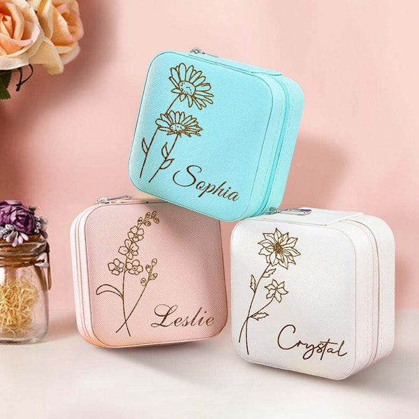 Personalized  Flower Jewelry Box, Birth Flower Gifts, Engraved Leather Jewelry Box, Travel Jewelry Case, Square Jewelry Box, Bridesmaid Gift