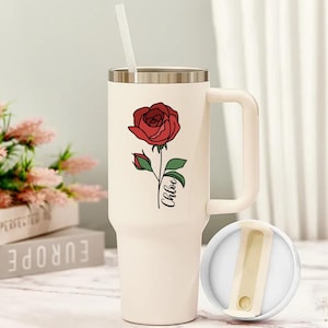 Personalized Birth Flower 40oz Tumbler With Handle Lid and Straw, Stainless Steel Bottle, Bachelorette Party Cups Favor, Bridesmaid proposal