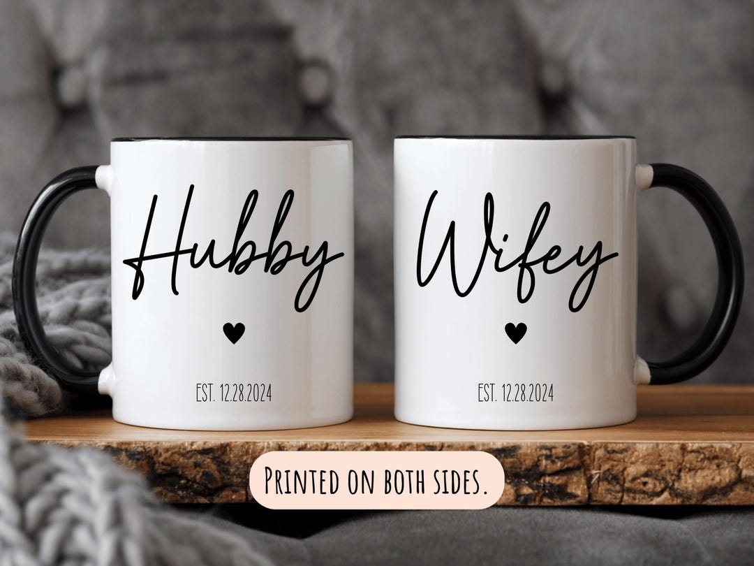 Personalized Wifey Hubby Mug Set, Custom Wedding Gift for Couple, Newlywed Coffee Mugs, Anniversary Gift for Husband and Wife, Newly Wed Mug