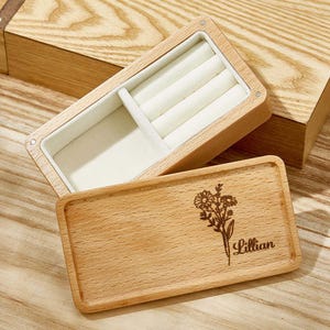 Personalised Birth Flower Wood Jewellery Box, Custom Name Jewellery Organizer Gift for Her, Portable Travel Case Jewelry Box birthday gifts