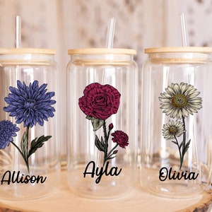 Personalized 16oz Tumbler Bridesmaid Gift Glass Cup Straw Bamboo Lid Birth Month Flower Cup Gift Custom Coffee Cup Personalized Gift for Her