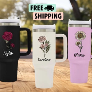 Personalized Birth Flower 40oz Tumbler With Handle Lid and Straw, Stainless Steel Bottle, Bridesmaid proposal, Gift for Her, Gift for Sister