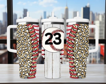 Personalized Baseball 40 oz Tumbler with Handle, Custom number Baseball Cup, Custom Game Day Baseball Tumbler Gifts, baseball water bottle