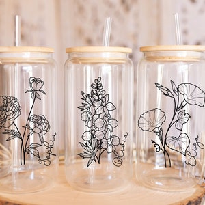 Personalized 16oz Tumbler Bridesmaid Gift Glass Cup Straw Bamboo Lid Birth Month Flower Cup Gift Custom Coffee Cup Personalized Gift for Her