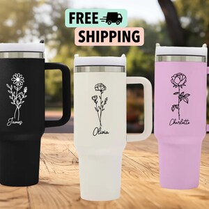 Personalized Birth Flower 40oz Tumbler With Handle Lid and Straw, Stainless Steel Bottle, Bridesmaid proposal, Gift for Her, Gift for Sister