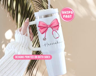 Custom 40Oz Nurse Tumbler With Floral Stethoscope, Name Personalization Gift For RN, Nurse Appreciation Week, Medical School Graduation Gift