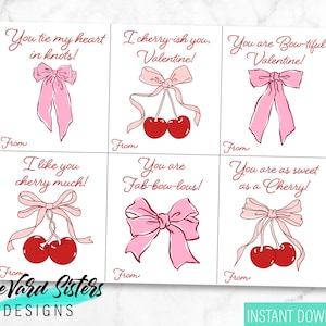 Coquette Valentine&#39;s Day Cards, Bow Valentine&#39;s Day Cards, Cherry Valentine&#39;s Day Cards, Digital Download, Pink and Red Valentines