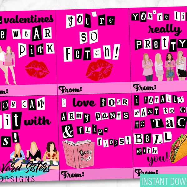 Mean Girls Valentine's Day Cards, set of 6, Digital Download, These are SO fetch!