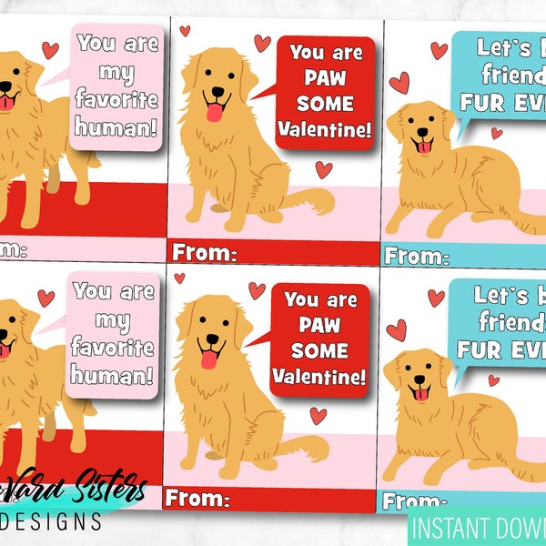 Darling Golden Retriever Valentine's Day Cards, set of 6, digital download. Perfect for dog lovers!