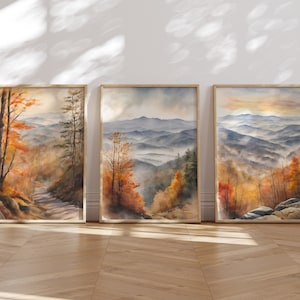 Late Fall Smoky Mountains: Watercolor Trio Digital Prints | Nature-inspired Wall Art Set of 3 | Instant Download for Home Decor | Size guide