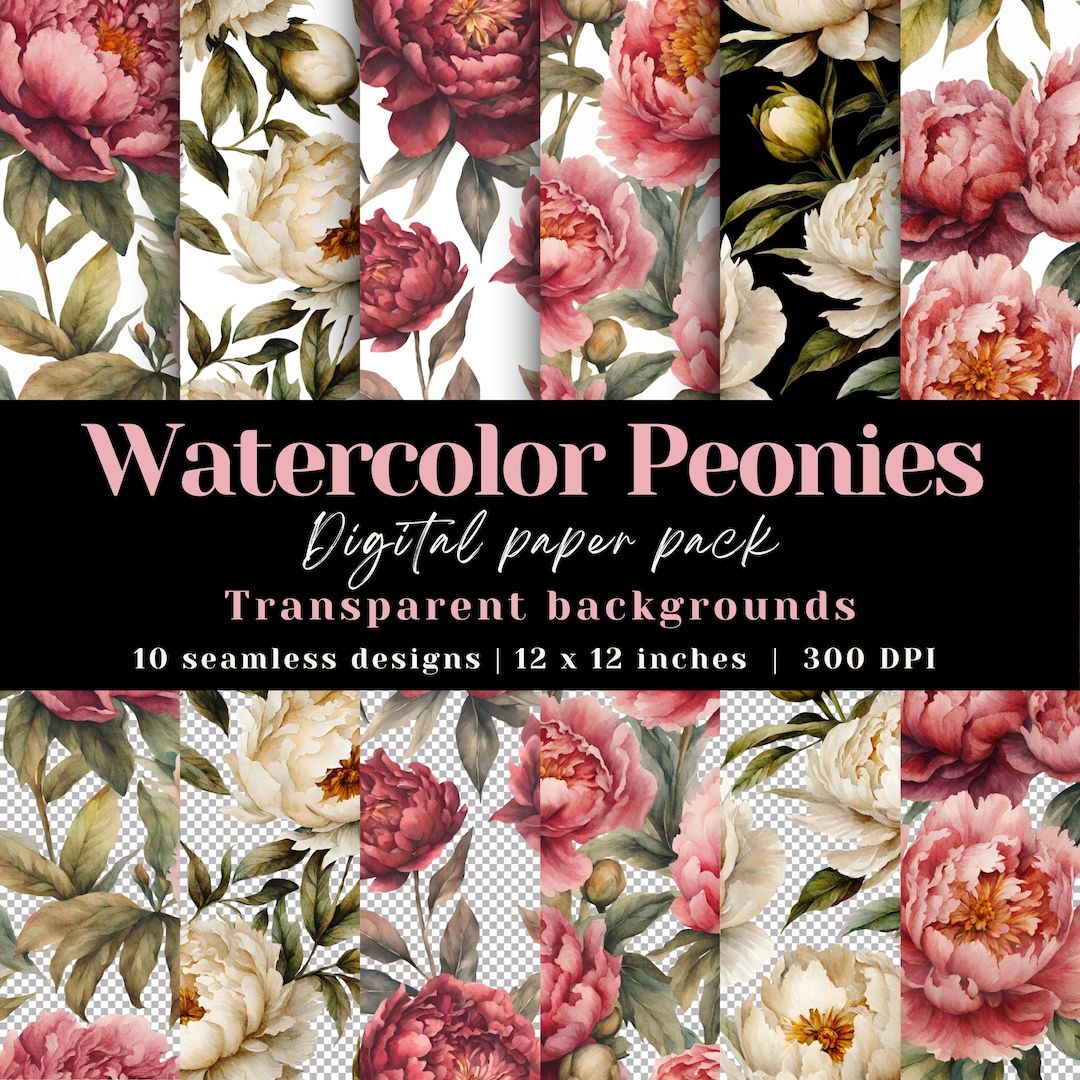 Peony Seamless Patterns | Watercolor Floral Digital Papers JPG and PNG ...
