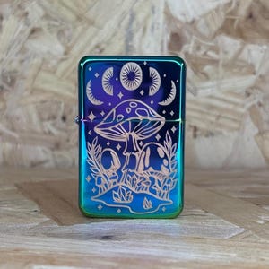 Personalised Mushroom Flip Top Lighter Rainbow Oil Slick Witchy Trippy Psychedelic Hippie Festival Custom Engraved image 1