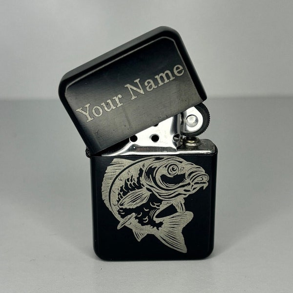 Personalised Fishing Lighter Carp Catfish Tackle Box Weatherproof Windproof Flip Top Lighter Gift Angler Fisherman